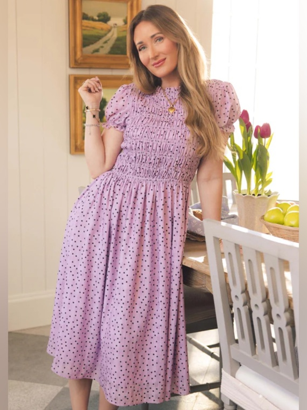 Ivy City Marcell Dress Purple Polka Dot Smocked Midi L Elegant Modest